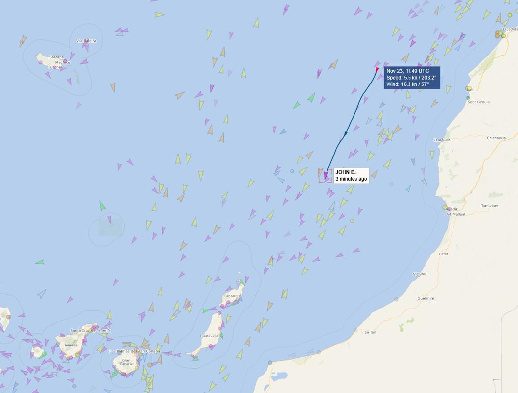 John B. im Vesselfinder auf dem Weg nach Lanzarote