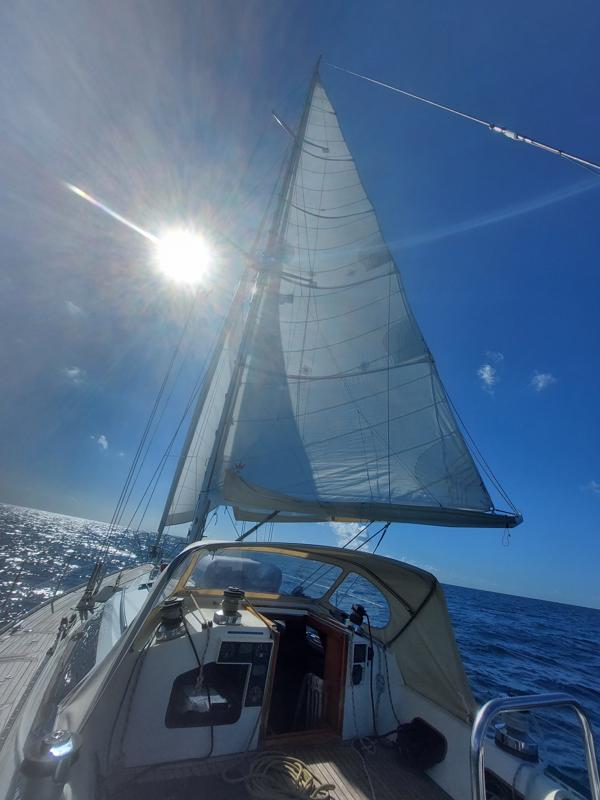 Endlich der erwartete Wind, 12 - 14 kts, raumschots;
John B. läuft auch Dank der geringen Dünung. 