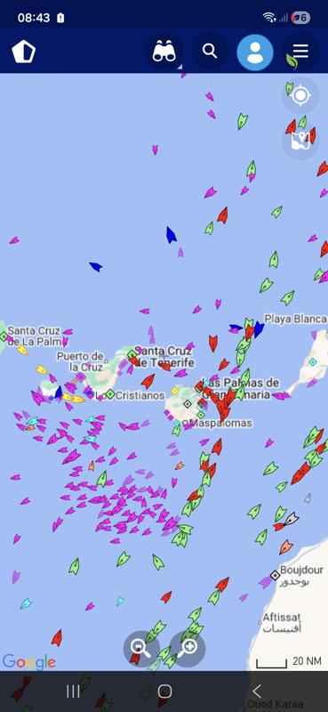Die ARC (Transatlantikregatta) startet heute von den Kanaren in die Karibik: Fair winds! Lila Dreiecke sind Segelyachten.